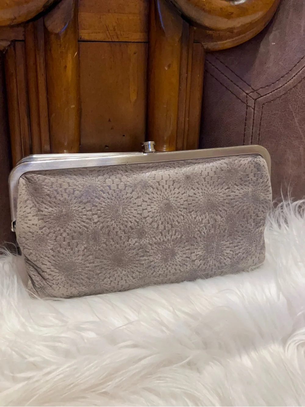 HOBO  international Taupe Patterned Frame Clutch with Silver-Tone Trim